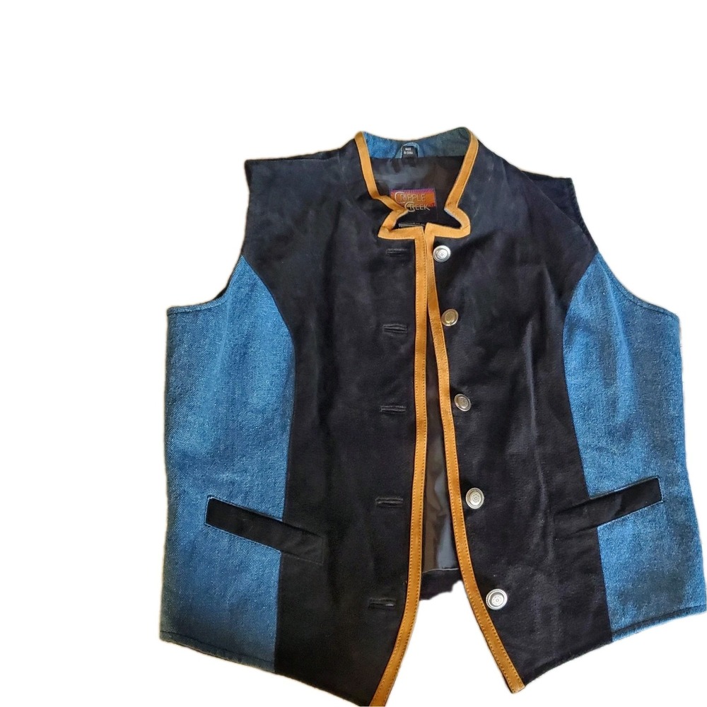 Cripple Creek Black Suede Leather Trim Denim Vest Western Pockets Womens‎ Sz L